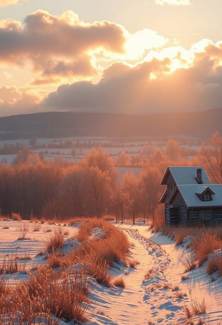 A peaceful nordic winter countryside scene bathed in the warm glow of golden hour, where soft light transforms the landscape into a tranquil haven. Gentle palette captures the serenity of the moment, infusing the fields and sky with harmonious hues. Dreamlike quality adds an ethereal touch, blurring the lines between reality and imagination as clouds drift lazily overhead. Meanwhile, Boris Vallejo’s fantastical elements introduce a sense of wonder, perhaps featuring whimsical creatures or enchanting flora that invite the viewer to explore this idyllic setting. Together, these artistic styles create a serene composition that celebrates the beauty and magic of rural life, evoking a feeling of peace and contentment.
 (8k uhd:1,4), max details, midjourneyv6.1