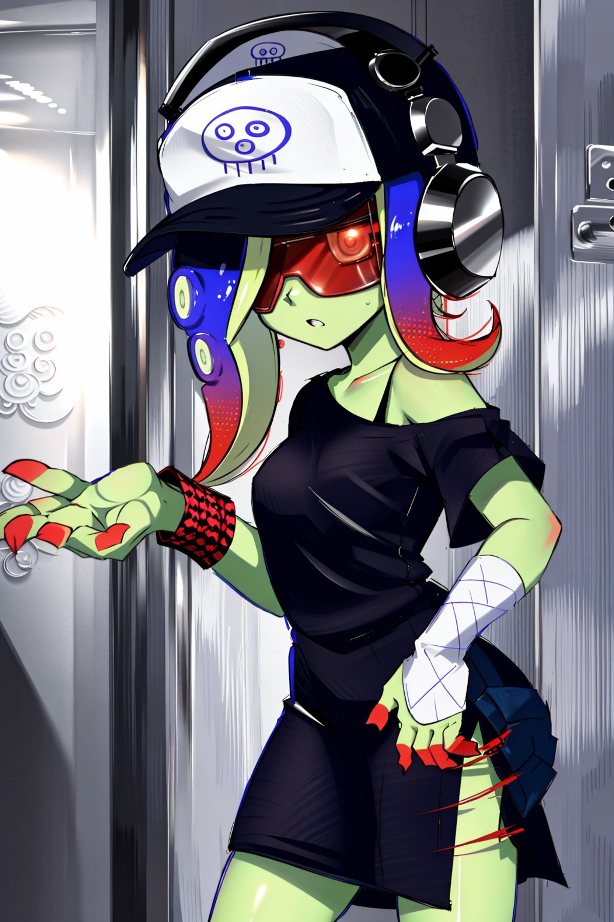 (masterpiece, best quality, highres, ultra detailed:1.2), (solo, 1girl, cowboy shot), acht, tentacle hair, octarian, color...