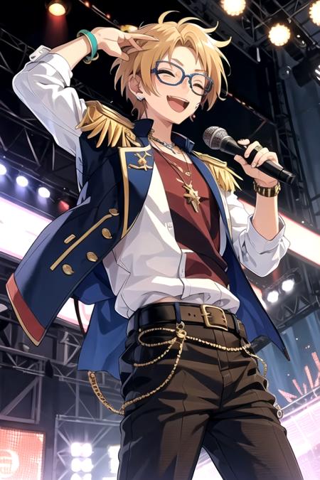 <lora:MakotoES-07:0.7>, makotoes, smile, open mouth, shirt, jewelry, jacket, weapon, one eye closed, glasses, belt, sword, necklace, star (symbol), bracelet, microphone, epaulettes, idol, stage