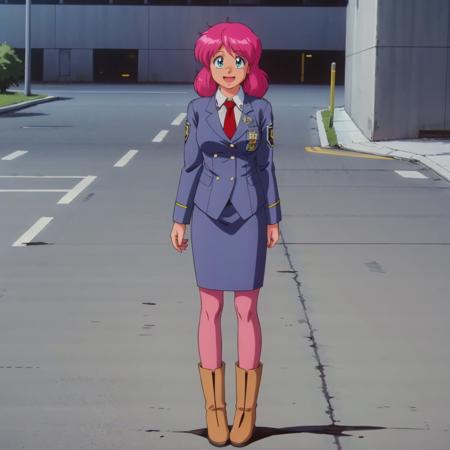 NeneRomanova,1girl,pink hair, policewoman, blue jacket,collared_shirt,red tie, blue skirt,pantyhose, hardsuit,powered suit, motoslave, powered armor, motorcycle, science fiction,  1990s (style),retro artstyle, green eyes, red hair,