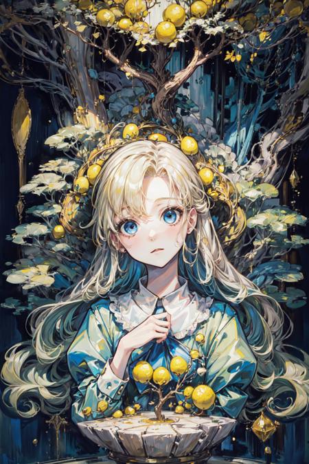 (abstract art:1.3), style of Yuko Shimizu, life totem, lemon theme,white theme,green theme,lemon tree, 1girl,white skin, gold long hair, ultra high res, masterpiece, best quality, <lora:acid_fluid_lora:0.39> <lora:M4rbleSCNEWCIVIT:0.41> <lora:add_detail:0.96>  <lora:maryibv6:1>