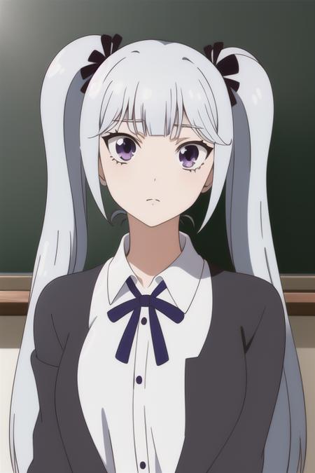 (masterpiece:1.1),(best quality:1.1),Sakai_Tama,1girl,solo,long hair,purple eyes,ribbon ,grey hair,twintails,school background with blackboard,blackboard reading "Sakai Tama",anime style,in the style of berserk,studio ghibli<lora:Sakai_Tama-06:0.7>