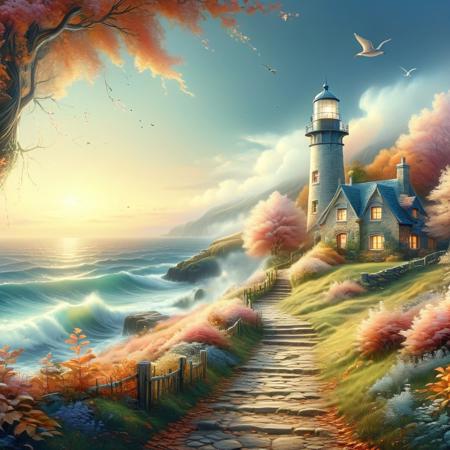 masterpiece, intricate detail, 8K, HDR, 
A well worn path leads through the trees, their autumn leaves falling upon the ground. The path leads to a quaint stone cottage with a lighthouse beside it, sitting upon the clifftop where restless ocean waves crash, and in the distance the sun is setting, setting the sky aglow in glorious colors, reminiscent of a champagne rose,
DonMP4ste11F41ryT4l3X
<lora:RMSDXL_Enhance:0.45>,
<lora:add-detail-xl:0.8>,
<lora:RMSDXL_Darkness_Cinema:0.5>,
<lora:DonMP4ste11F41ryT4l3XL-000008:0.8>