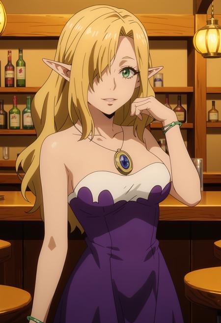 DwargonElf3 blonde hair, green eyes, hair over one eye, pointy ears pendant, strapless dress, purple dress, cleavage, large breasts, bracelet sleeveless dress, pink dress, underbust, gold trim, necklace, cleavage, large breasts, bracelet