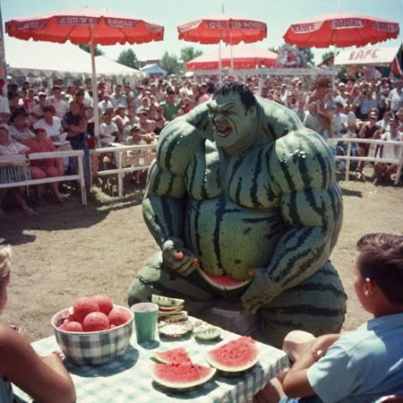 A stunning impactful action documentary color photograph. a morbidly obese incredible hulk competing in a Watermelon eating contest. At the 1956 county fair , cinematic still, Leica M3, Kodachrome, 28mm lens, 
badquality, low quality, Movie Still, Film Still, Cinematic, Cinematic Shot, Cinematic Lighting, grainy film,