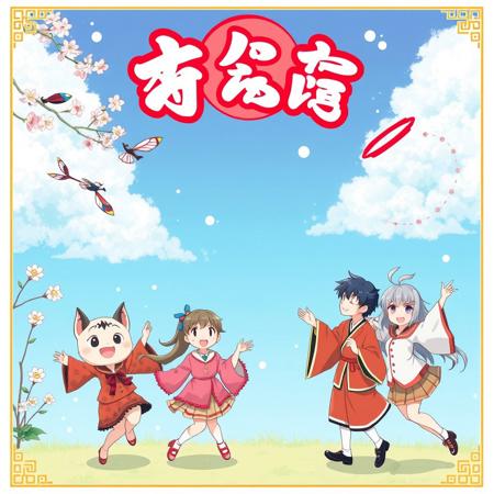 Image of (5 diverse types and sizes) of (Japanese animation) motifs. Delicately depicted, professional genius creators charmingly and skillfully (text and words) and (elements of origin) of the motif's country of origin (colours and patterns) and (movements) and motifs (frames and aerial and facial expressions and distant views and joyful and dancing poses) of the image (decorated) to make the image powered up, shining and played with, with background and Full body shot, with no blurring of the near and far view.