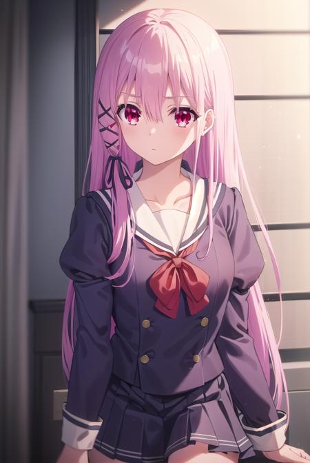 engagekisara, <lora:engage kisara s1-lora-nochekaiser:1>,
kisara, long hair, pink hair, (red eyes:1.3), hair between eyes, hair ornament, ribbon, hair ribbon,
BREAK long sleeves, ribbon, school uniform, puffy sleeves, sailor collar, red bow, juliet sleeves, white sailor collar,
BREAK indoors, classroom,
BREAK looking at viewer, (cowboy shot:1.5),
BREAK <lyco:GoodHands-beta2:1>, (masterpiece:1.2), best quality, high resolution, unity 8k wallpaper, (illustration:0.8), (beautiful detailed eyes:1.6), extremely detailed face, perfect lighting, extremely detailed CG, (perfect hands, perfect anatomy),