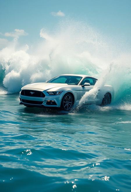silver perl color ford mustang surfing on huge ocean waves, sunny weather,  water splashes, silver perl color ford mustang sport drifting on waves
