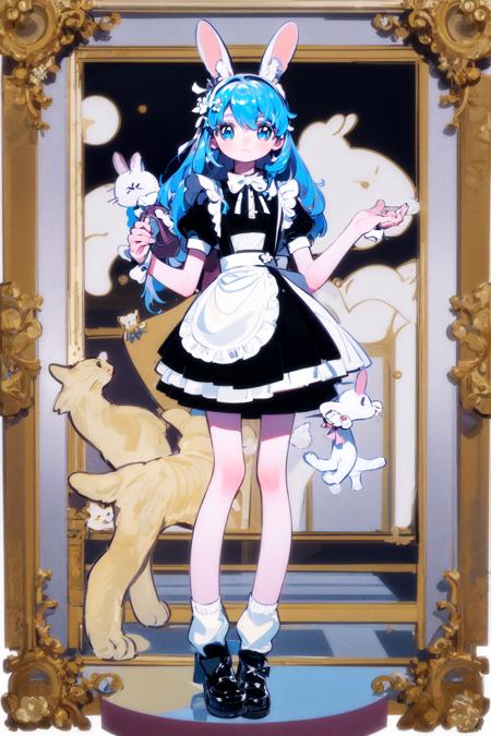 masterpiece, best quality, extremely detailed, detailed background, detailed face, 1girl, flower, cat, holding, white background, solo, white flower, holding animal, full body, simple background, blue hair, socks, bow, blue eyes, short sleeves, shoes, dress, hair ornament, ribbon, animal, standing, holding cat, apron, white cat, looking at viewer, rainbow, puffy sleeves, bangs, hair flower, white socks, puffy short sleeves, reflection, bag, long hair, closed mouth, green bow, black footwear, rabbit