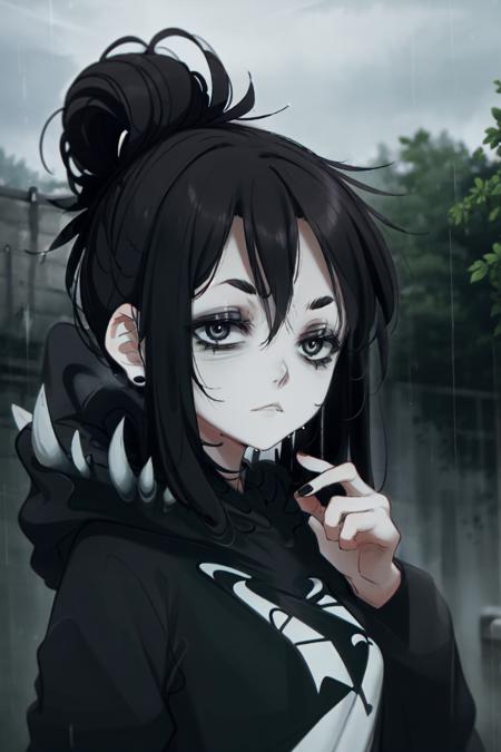 HoodieGirl, best quality, masterpiece, 1girl, black hair, pale skin, hair bun, <lora:HoodieGirl_Shep:1>, upper body, (black hoodie), symbiote hoodie, symbiote teeth, expressionless, looking at viewer, outdoors, rain, raining, night, wet, looking at viewer