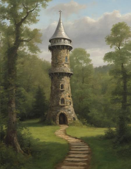 oil painting of a a wizard's tower in a clearing in the woods, a wizard tower that is topped with a glass and steel dome magical forest with silver and gold leaves detailed and intricate a winding stone path leads to the tower