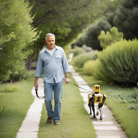 analog film photo a man walking a yellow robot dog on a leash down a path in the grass with bushes behind him and a path leading to the dog, David Garner, animal photography, a stock photo, arts and crafts movement  <lora:Spot1024-000160:0.8> . faded film, desaturated, 35mm photo, grainy, vignette, vintage, Kodachrome, Lomography, stained, highly detailed, found footage