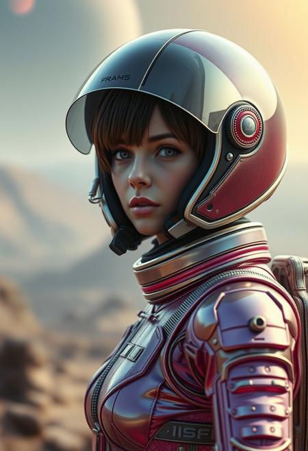 realistic photography of a space girl in alien world, short hair, spacesuit helmet, ana de armas, sci-fi, cyberpunk, shiny spacesuit, space ranger, space warrior, alien color, hyper detailed, cinematic,