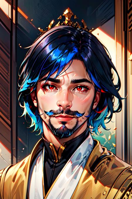 Regality Style, 1boy, artist name, beard, black hair, blue hair, closed mouth, facial hair, indoors, looking at viewer, male focus, medium hair, mustache, portrait, red eyes, shiny, shiny hair, short hair, solo<lora:Regal:0.75>