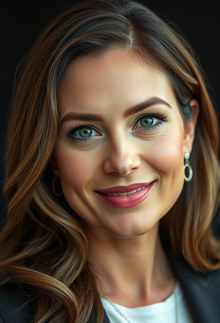 Creates a hyper-realistic close-up portrait of a beautiful, approachable, intellectual woman. She has a kind and warm expression, with flawless skin and natural makeup that enhances her features. Her eyes are beautiful clear, firm gaze, business woman. She has long, wavy, well-coiffed hair, which enhances her feminine beauty, dressed in a clean, elegant outfit, elegant earrings and a subtle necklace with a pendant. The background is dark blurred, looking at the viewer, professional, defined photo, detailed perfect skin complexion, perfectly detailed textured lips, contest photo, winner.
