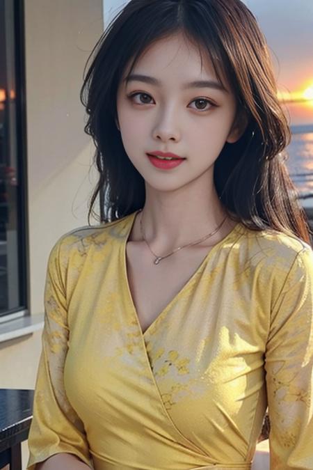 yellow_lure_dress, 8k, cute,(realistic:1.1), (photorealistic:1.1), (masterpiece:1.1), (best quality:1.1), RAW photo, highres, ultra detailed, High detail RAW color photo,professional photograph,masterpiece, best quality,realistic,realskin,1girl,low_key,solo,nighttime,lighting,long hair, black hair,full body,
beautiful detailed eyes,natural lighting,beach,sunset,(nose blush)
(detailed face:1.2),extremely beautiful face,cute, beautiful eyes,<lora:yellowLureDress:0.75> ,  <lora:nwsjmajic:0.75>