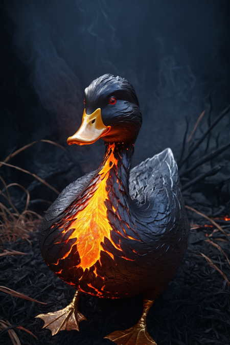 masterpiece, best quality, , ember duck, flaming feathers, glowing beak, solo, HavvoricFireDarkstyle, dark gray, ashen glow, infernal delight, glowing smile, dark path, fiery petals, smoky grass, detailed background, HavvoricFireDarkstyle, blazing roll, fiery snow, dark calm, smoky gaze, flame high angle shot, blazing party, fiery dance, smoky castle, HavvoricFireDarkstyle, molten hat, fiery brim, on head, HavvoricFireDarkstyle, on dark straw, smoky warmth, ember glow, fiery light, dark pyre afternoon, smoky glow, best quality, vibrant colors, realistic style, high detail, hyper-realistic, highres, 4K resolution, realistic photo, masterpiece, ultra-detailed, HavvoricFireDarkstyle, blazing shine, fiery golds, molten shine, lava glow, overhead shot, <lora:HavvoricFireDarkstyle:1>