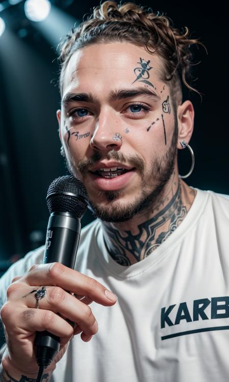 1man, face tattoo, grills, braces, short curly hair, detailed skin, writing on face, photorealistic, skin pore, 5 fingers, 5 toes, 8k, uhd, masterpiece, upper body, rapper, postym, Post Malone, beard, blue eyes, stage,