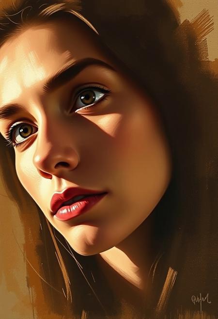 A contemplative woman's portrait, captured in warm, muted hues and expressive brushstrokes, with her face angled to emphasize one piercing eye, as soft shadows dance across her features, imbuing the image with depth and emotional resonance. The artist's signature, a subtle yet confident flourish, proudly displayed at the bottom right corner, hints at a masterful hand, one that prioritizes the evocative power of art over the cold precision of realism, inviting the viewer to step into a world of subtle nuance and timeless beauty.