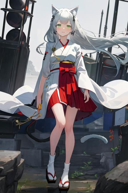 best quality, masterpiece, highres, solo, {white kimono:1.35}, {red hakama:1.35}, {wide sleeves:1.20}, {rosmontis_arknights:1.15}, animal_ears, cat_ears, long_hair, bangs, green_eyes, animal_ear_fluff, cat_girl, grey_hair, white_hair, closed_mouth, blush, upper_body