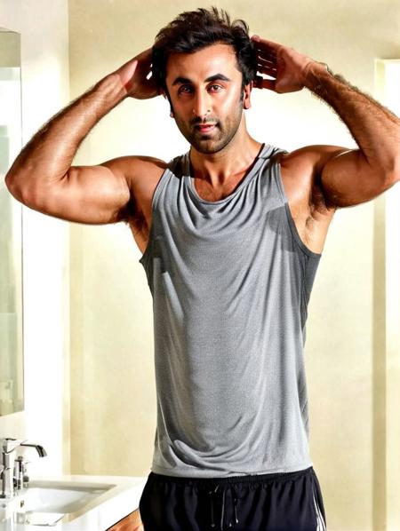 Ranbir Kapoor a man <lora:Ranbir-Kapoor:1>, Is wearing a gray tank top with sweat and black shorts. standing with his hands over his face as if he is in pain or discomfort. The background is lush bright bathroom in white which contrasts with the man's dark clothing and adds to the starkness of the image. body is muscular, rugged appearance, high-res, best quality, s3t on armpit chest and belly, medium full body shot, 8k uhd, dslr, soft light, high quality, Fujifilm XT3
<lora:sweaty_shirt_v5-28-B1-Rescale:1>