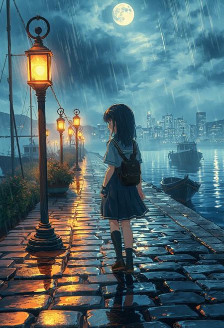 Vertical 9:16 cinematic anime scene, ultra-detailed 4K, in the style of “Weathering with You” key art: a lone girl in a drenched school uniform walking along an old cobblestone harbor quay lined with glowing lanterns; fishing boats tie up at the jetty; wet stones reflect lamp light and gentle rain; the distant city skyline is softly illuminated behind a veil of mist; feenstaub dust motes swirl in lantern glow; layered clouds recede into deep mist; volumetric moonbeams cut through drifting rain clouds; parallax-ready composition with lantern in crisp foreground, girl in sharp midground, harbor lights blurred in background; hyper-detailed watercolor cel shading, glossy wet textures, subtle bloom and film grain; magical, nostalgic depth