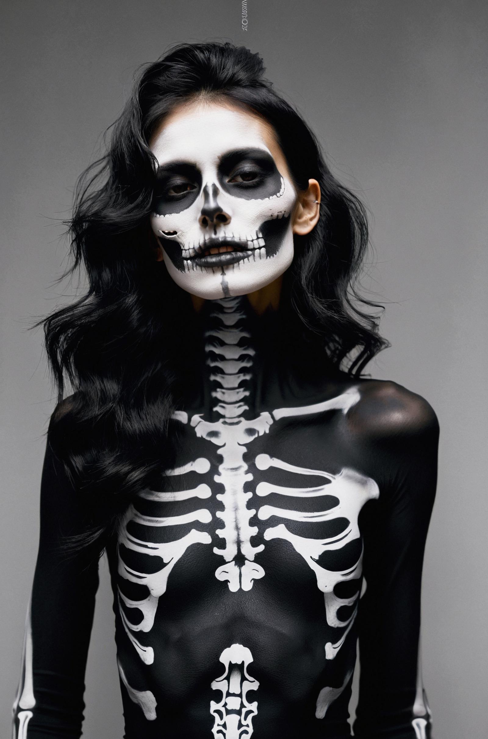 film grain texture,analog photography aesthetic,A woman with skeletal makeup, high-fashion portrait style, striking skull ...