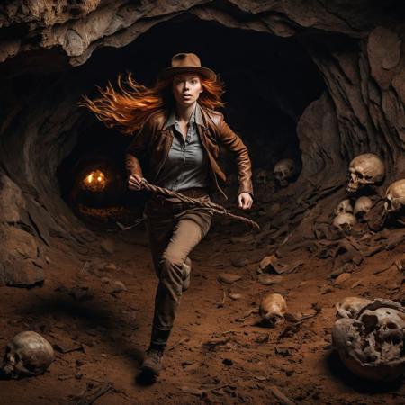 Woman running towards the camera, inside a dark cave. A giant rocky sphere is behind her.
She's wearing a brown fedora, brown leather jacket, baggy pants.  There are lots of skulls and bones on the ground.
She has a worried look on her face.  She has long flowing orange hair.
A leather whip is coiled up on her hip.