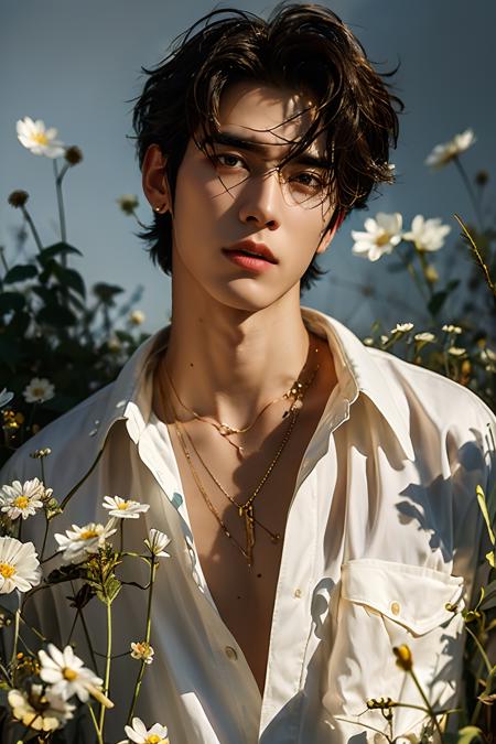 <lora:æ¼äº®ç·å­©:0.7>,a man with a white shirt and flowers in her hair and a necklace on her neck and chest, standing in a field of flowers