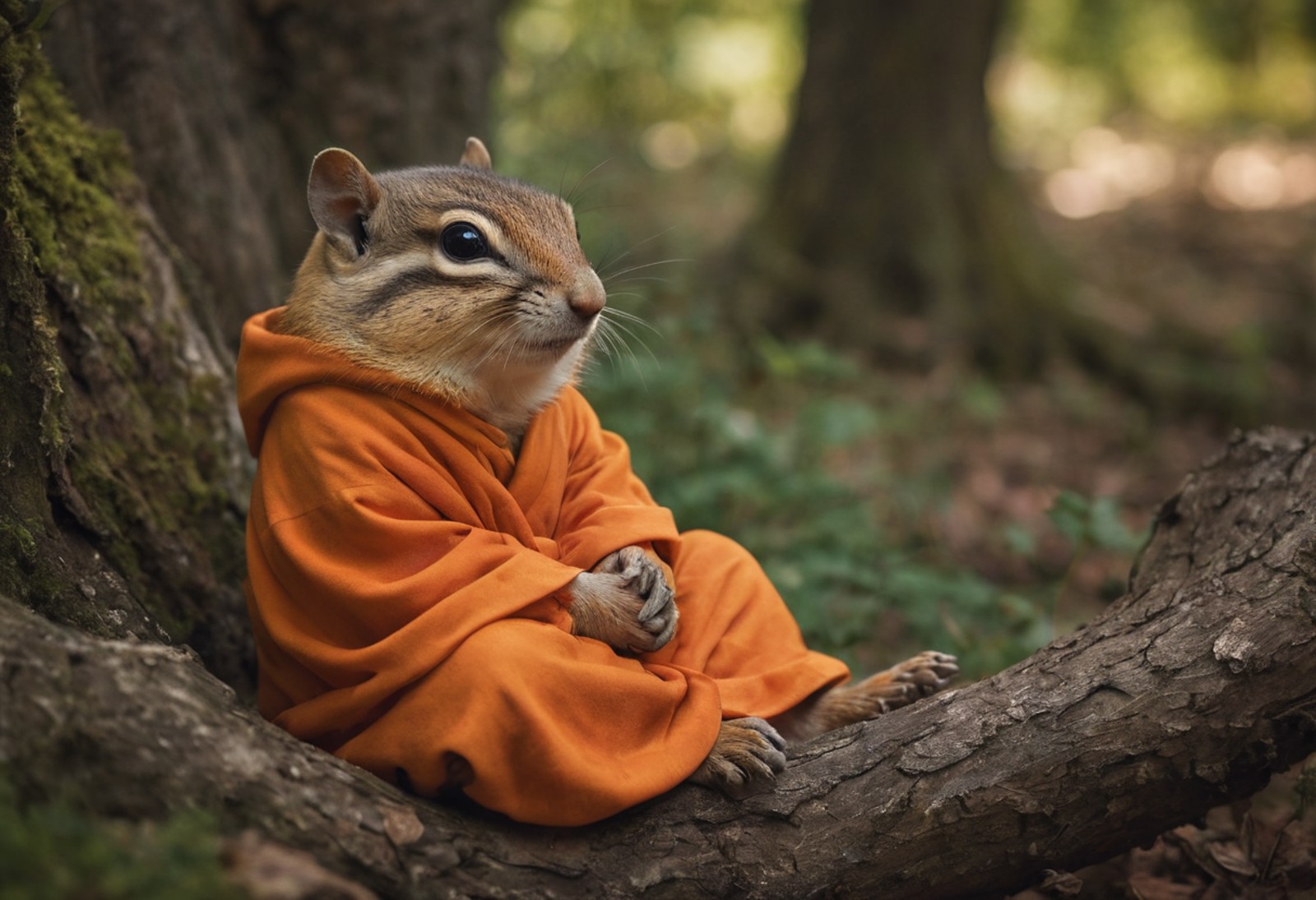 A serene portrait photograph of a chipmunk (monk in orange robe:1.2), embodying tranquility and wisdom amidst nature, remi...
