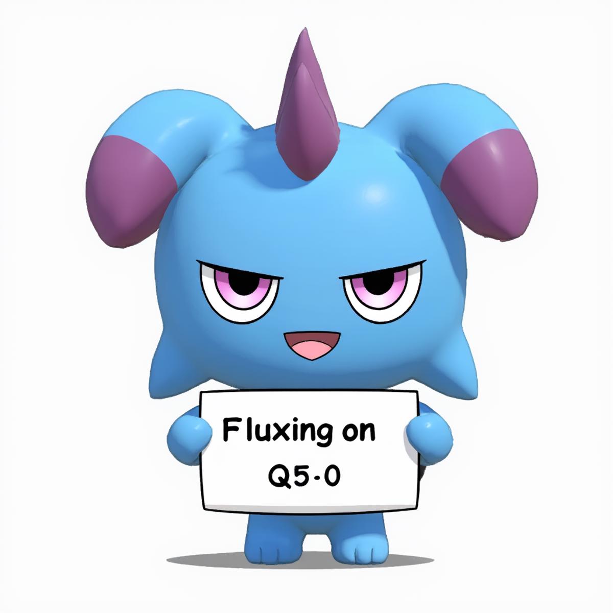 <lora:DepressoFLUX:1.0> blue Depresso looking at viewer, cute happy smile, adorable, chibi pokemon, holding white sign with black text "Fluxing on Q5_0"