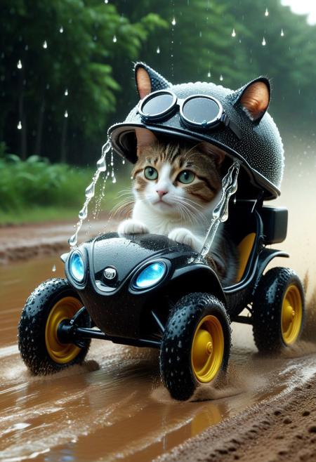 tearStyle2, (made of water drop:1.3), from side, cute small water drop buggy, cat driving, wear round goggle, wear animal ears helmet, run through on water drop dirt road, Dust, from side, surround by water drops, cinematic, cinematic lighting, (masterpiece, best quality:1.4), ultra-high res, 4k, Photorealistic, insanely detailed, sfw,