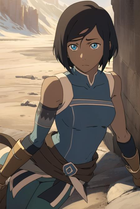 lhkorra, korra, long hair, blue eyes, brown hair, dark skin, dark-skinned female, hair tubes, normkorra, korra, long hair, blue eyes, brown hair, ponytail, dark skin, dark-skinned female, hair tubes, topknot, shkorra, korra, short hair, blue eyes, black hair, dark skin, dark-skinned female, fur trim, bare shoulders, armband, armlet, vambraces, bracer, pants, armband, green pants, bare shoulders,