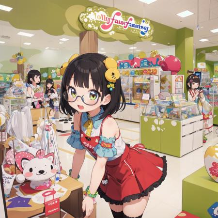 best quality, ultra-detailed, illustration,
1girl,solo, black hair, medium hair, glasses, 
idol style, cute clothing, bright colors, playful patterns, ruffled skirts, knee-high socks, kawaii accessories, youthful designs,
MollyFantasy, scenery, shop, poster (object), chair, indoors, 
 <lora:MollyFantasy_SD15_V1:0.8>