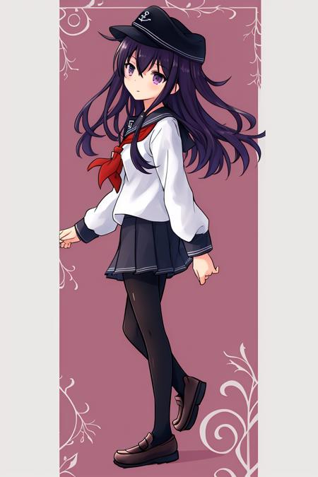 masterpiece, best quality,1girl, solo, long hair, akatsuki, hat, pantyhose, school uniform, serafuku, skirt, purple eyes, hair, black pantyhose, neckerchief, purple eyes, red neckerchief, pleated skirt, anchor symbol, looking at viewer, shoes, flat cap, loafers, standing, full body,from side, <lora:xiao:1>