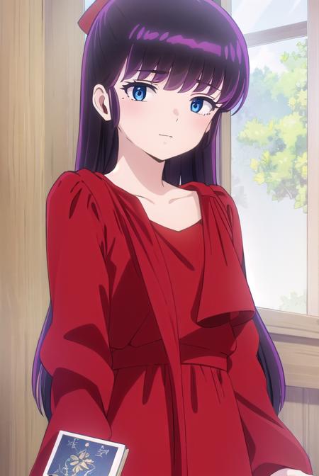 ryoukomendou, <lora:ryouko mendou s1-lora-nochekaiser:1>,
ryouko mendou, long hair, blue eyes, purple hair, bow, hair bow, mole, mole under eye, smile,
BREAK dress, red dress, collarbone, long sleeves,
BREAK indoors, classroom,
BREAK looking at viewer, (cowboy shot:1.5),
BREAK <lyco:GoodHands-beta2:1>, (masterpiece:1.2), best quality, high resolution, unity 8k wallpaper, (illustration:0.8), (beautiful detailed eyes:1.6), extremely detailed face, perfect lighting, extremely detailed CG, (perfect hands, perfect anatomy),