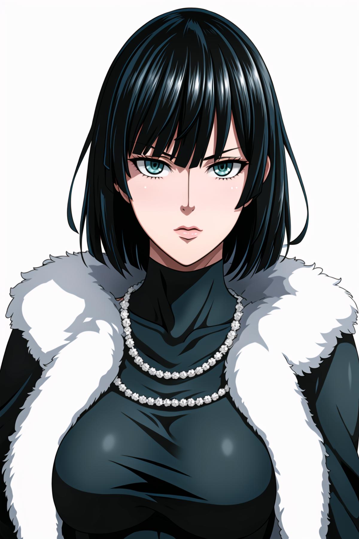 Anime girl wearing a black shirt and white fur.
