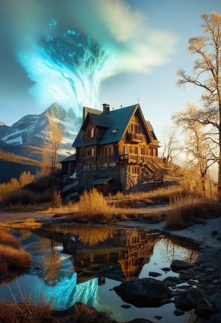 (by Ellen Jewett:1.5), ((gold Bioluminescent Impressionism: 1.8), The Dreamland), their peaks veiled in mist. mixed media, surrealism, great lighting, A surreal landscape highly detailed . extremely high-resolution details,  appears trapped in an optical illusion of reflections and refractions colorful , luxurious mountain cabin, ice and snow, professional photography, natural lighting, volumetric lighting maximalist. intricately detailed, complex, elegant, expansive, fantastical, film photography style,  medium grain,  <lora:MJ52:0.3>  <lora:SDXLFaeTastic2400:0.4>  <lora:EpicF4nta5yXL:0.7>.ethereal landscapes, depth of field, biotech emotion:1.3) <lora:xl_more_art-full_v1:0.5> <lora:add-detail-xl:1> <lora:RMSDXL_Creative:2>