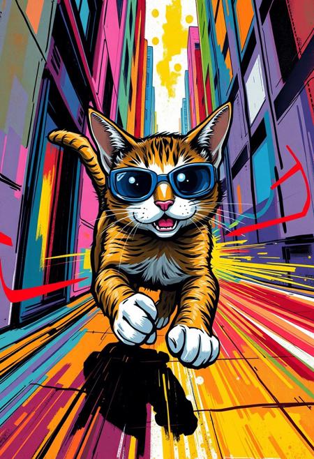 A mischievous cat with superhero goggles dashes through a vibrant, geometric alleyway, leaving colorful streaks of motion behind.
expressionist comic book style, bold Fauvist colors, dynamic exaggerated figures, sharp inked outlines, vibrant abstract cityscape, high-energy movement, geometric backgrounds, painterly textures, intense contrast, dramatic perspective, stylized anatomy, superhero action, fusion of modernism and graphic novel aesthetics