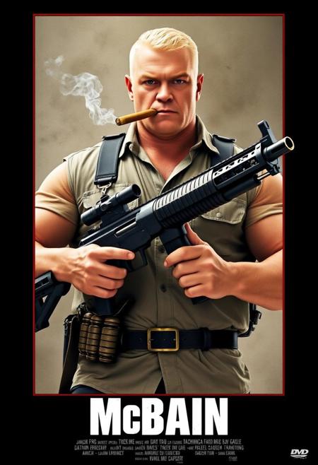 Movie poster, image of an a large muscular man with a blonde crewcut, wearing a ripped button up shirt. Gun holsters, grenade belt. A giant machine gun in both hands. Smoking a cigar. Title "McBain" credits on bottom