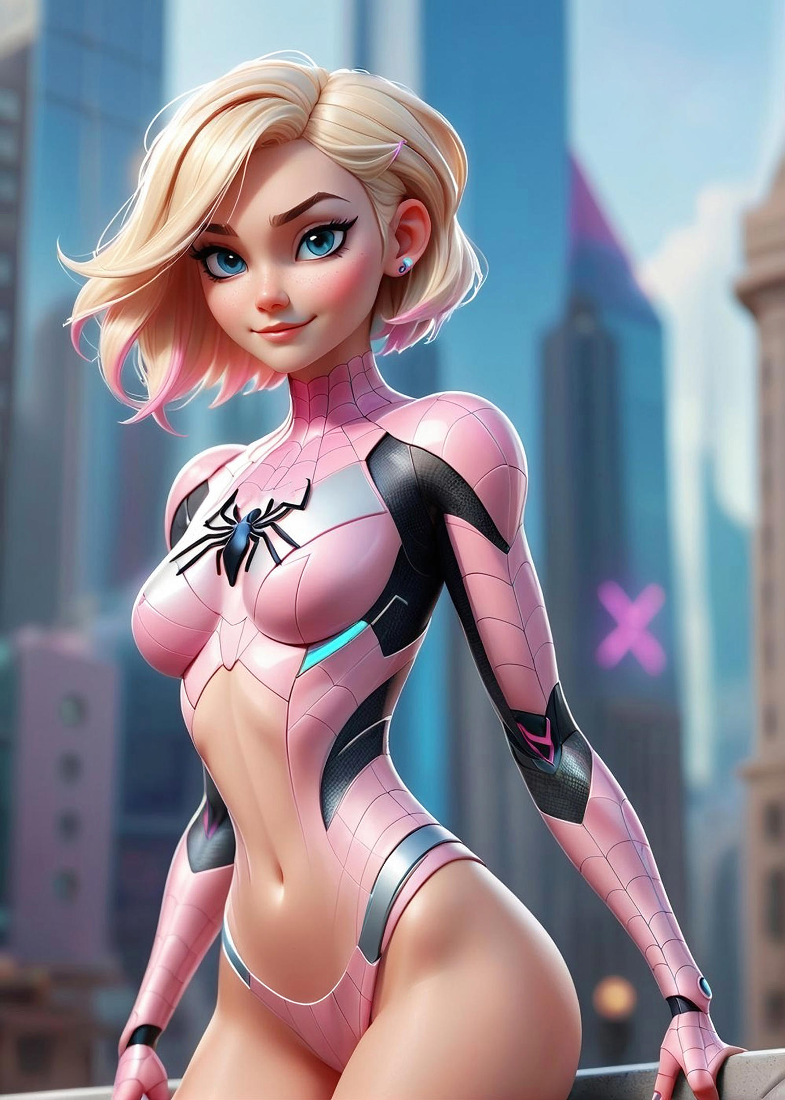 A 3D animated digital art of a girl wearing a pink and black spider suit.