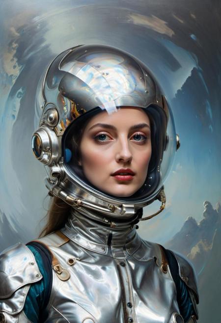 (masterful but extremely beautiful:1.4), (masterpiece, best quality:1.4) , in the style of nicola samori,Futuristic portrait, a female astronaut encased in reflective silver armor::2.4, blend of hyperrealism and surrealism, shimmering holographic helmet, style of Salvador Dali, detailed, contrast of sharp shadows and vibrant lighting::1.7, neoclassical architecture background, starstudded cosmos, 8k, hyperdetailed     
closeup portrait, redhead, dramatic lighting, perfect makeup, 
<lora:add-detail-xl:1> <lora:xl_more_art-full_v1:0.5>  <lora:NicolaSamori:0.7>