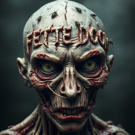 A grotesque death metal album cover titled "FETTE DOOM." The title is carved deep into the decaying, leathery forehead of a zombie, with raw, jagged wounds where the letters have been slashed into the flesh. Blood and pus seep from the carvings, mixing with dirt and grime. The zombie’s skin is mottled, rotting, and stretched tight over bone, with patches of exposed muscle and sinew. Insects crawl in and out of the wounds and eye sockets — flies, maggots, and beetles — adding to the horror. The zombie’s glazed, lifeless eyes stare blankly ahead, while the background is a blur of darkness and mist. The overall tone is brutal, filthy, and unsettling, perfect for an underground death metal vibe.