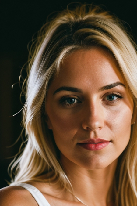 professional photography of a stunning blonde woman in her 30s, in the style of annie leibovitz, closeup headshot n-4 f1.8 hd wallpaper photograph trending on instagram 4k award winning photo 8 k detailed hyper realistic cinematic shot beautiful volumetric lighting octane render unreal engine 5 rendered with nanite canon eos r3 fujifilm x - t 30 sony alpha gw 6 0 d mark iv lens flare lights dark