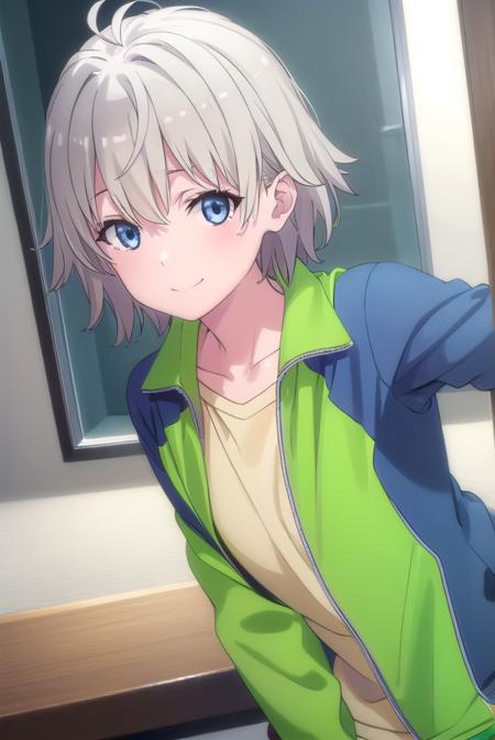 saikatotsuka, <lora:saika totsuka s2s3-lora-nochekaiser:1>,
saika totsuka, blue eyes, ahoge, grey hair, male focus, smile,
BREAK jacket, green jacket, shirt, white shirt, open jacket, shorts, green shorts, raglan sleeves,
BREAK indoors, classroom,
BREAK looking at viewer, (cowboy shot:1.5),
BREAK <lyco:GoodHands-beta2:1>, (masterpiece:1.2), best quality, high resolution, unity 8k wallpaper, (illustration:0.8), (beautiful detailed eyes:1.6), extremely detailed face, perfect lighting, extremely detailed CG, (perfect hands, perfect anatomy),