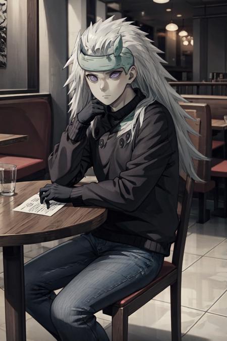 Madara, masterpiece, best quality, pale skin, long hair, gray hair, black sweater, turtleneck sweater, black gloves, headband, black balls, purple eyes, looking at viewer, indoors, restaurant, denim pants, sitting, chair, table, <lora:Madara_Six_Paths:1>,