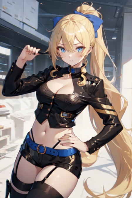JunoEmmons, 1girl, solo, long hair, blue eyes, blonde hair, thighhighs, long sleeves, blue hair bow, navel, cleavage, medium breasts, very long hair, black jacket, crop top, ponytail, ahoge, short shorts, black shorts, midriff, belt, black thighhighs, short shorts, garter straps,