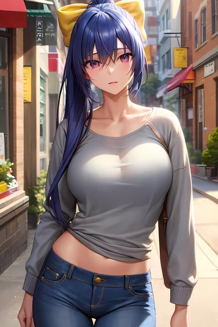 (masterpiece:1.2, best quality), (finely detailed beautiful eyes: 1.2), solo focus,    (ultra-detailed, hires),  (modern day, beautiful detailed face, beautiful detailed eyes),   1girl,  , mai natsume, long hair,   ponytail , blue hair, very long hair, hair between eyes , antenna hair, yellow hair bow, sidelocks , large breasts , sweater, shirt, jeans, casual clothes,  High contrast, beautiful elegant woman, adult, (best illumination, an extremely delicate and beautiful),(simple backround, outdoors, street, ), looking at viewer,beautiful detailed glow,