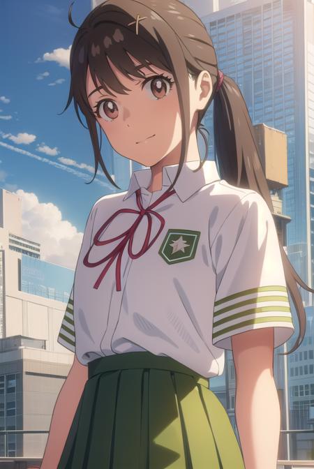 suzumeiwato, <lyco:suzume iwato movie-lyco-nochekaiser:1>,
suzume iwato, long hair, black hair, hair ornament, (brown eyes:1.5), hairclip, ponytail, smile,
BREAK skirt, shirt, ribbon, school uniform, white shirt, red ribbon, green skirt, long skirt,
BREAK outdoors, sky, day, cloud, sun,
BREAK looking at viewer, (cowboy shot:1.5),
BREAK <lyco:GoodHands-beta2:1>, (masterpiece:1.2), best quality, high resolution, unity 8k wallpaper, (illustration:0.8), (beautiful detailed eyes:1.6), extremely detailed face, perfect lighting, extremely detailed CG, (perfect hands, perfect anatomy),