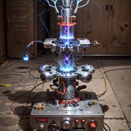 , <lora:teslapunkai2:.5> , teslapunkai,  retro-futuristic,  complicated device ,   tesla coil   powered